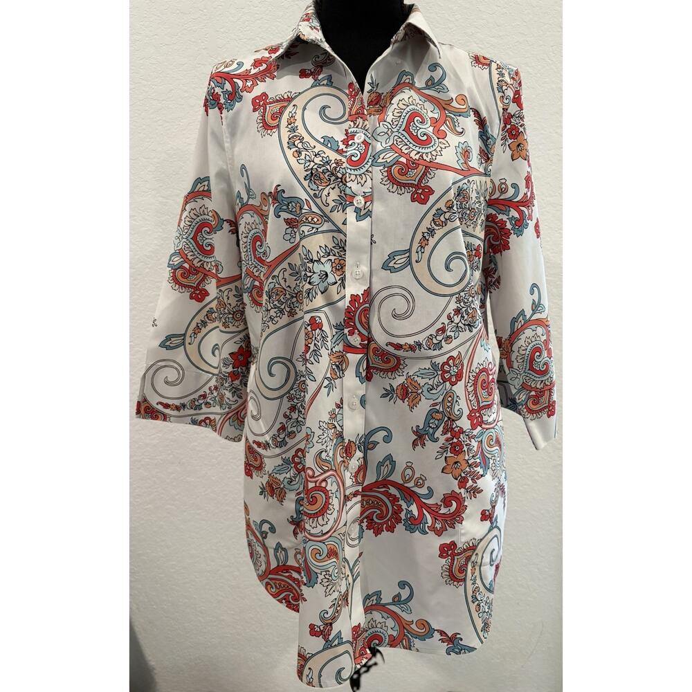 Chico’s No Iron Paisley Button Down Shirt 3/4 Sleeves Size Large